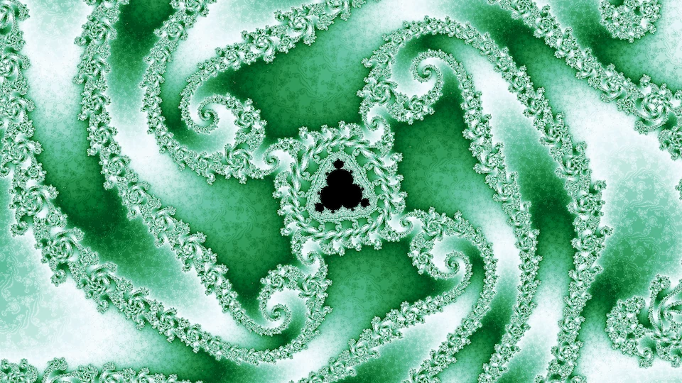 A small black copy of the degree-4 multibrot at the center of spiral arms of filigree in green and white.
