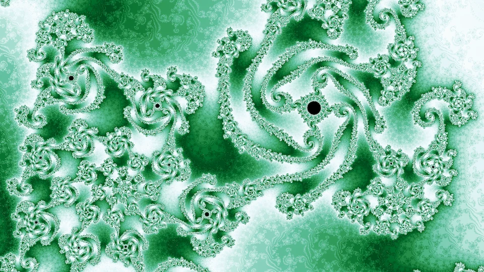 The degree-4 Julia set for that point, zoomed in close to it: pinwheels of green and white filigree around a tiny black island.