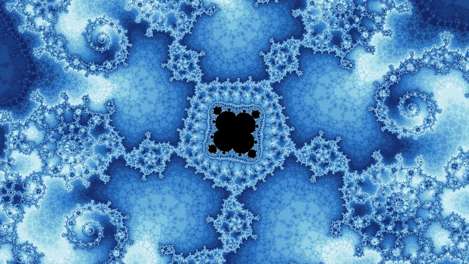 A small black copy of the degree-5 multibrot in a pentagonal frame of filigree, with spirals around it in blue and white.
