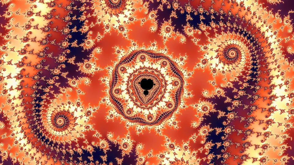 A small black copy of the set in a ring of filigree, among spiral arms in orange, cream, and deep purple.