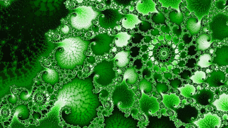 Clusters of bright green bulbs and small spirals across dark green.