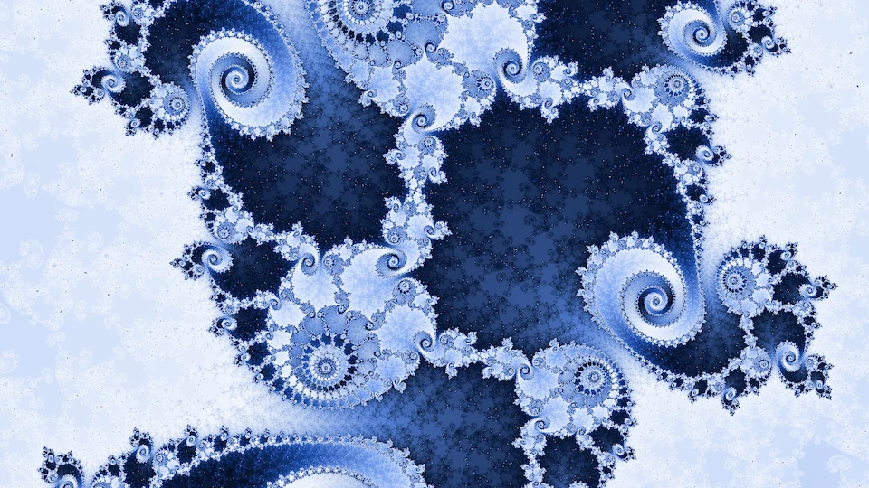 Chains of pale blue seahorse spirals winding around dark navy pools on white.