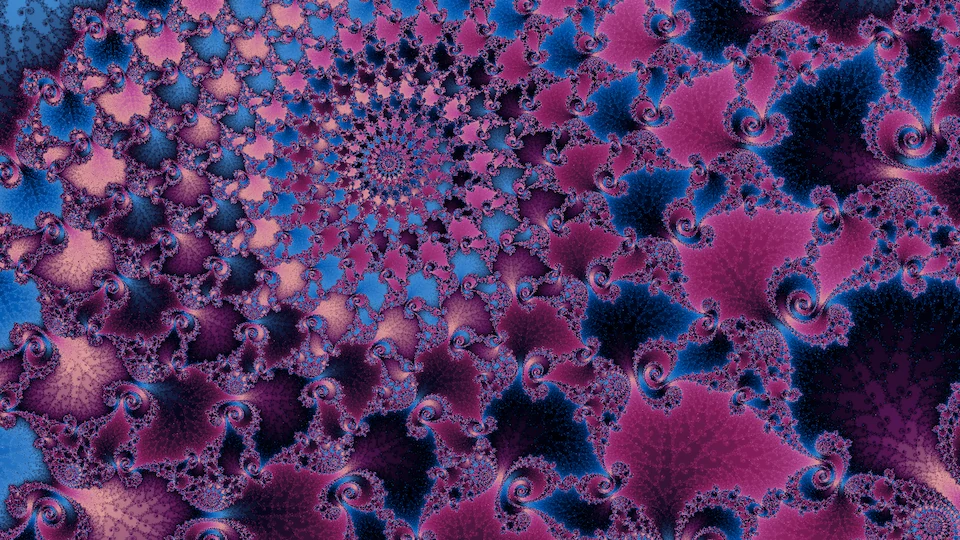 A lattice of tiny spirals in pink, blue, and plum, circling one center at the upper left.