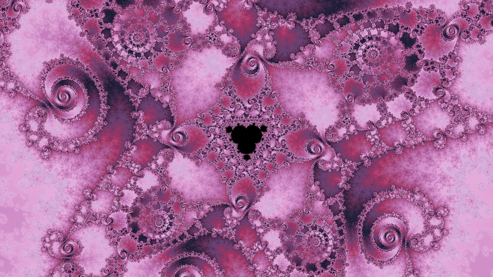 A small black copy of the set among spirals of mauve filigree on pale pink.
