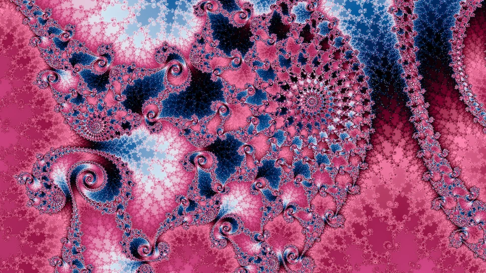 Chains of small spirals in pink and white filigree over rose and dark blue.