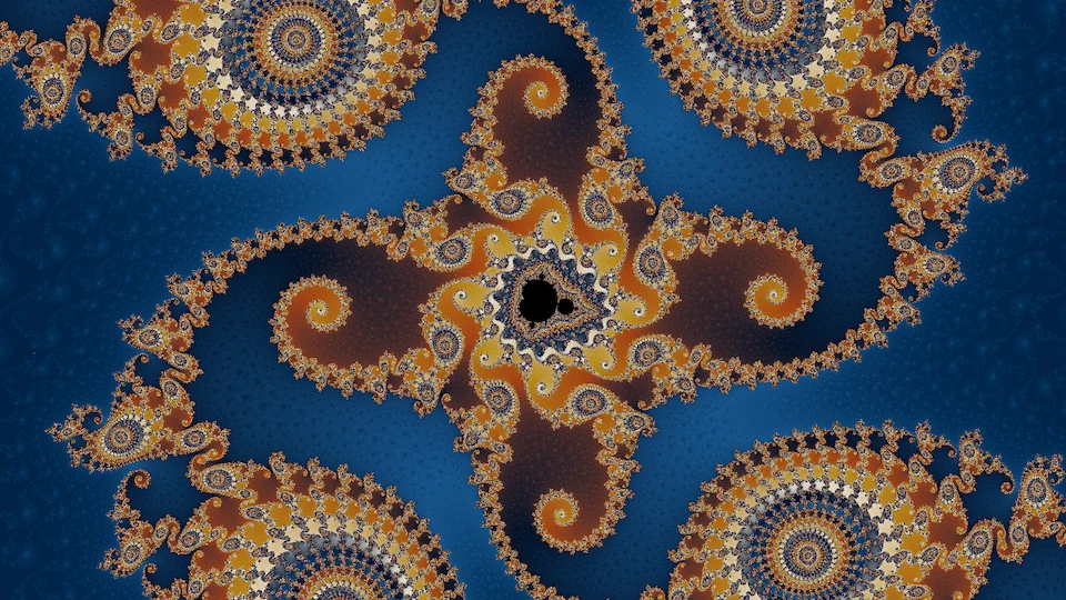 A small black copy of the set in a cross of gold and copper filigree, with spirals at its tips, on deep blue.