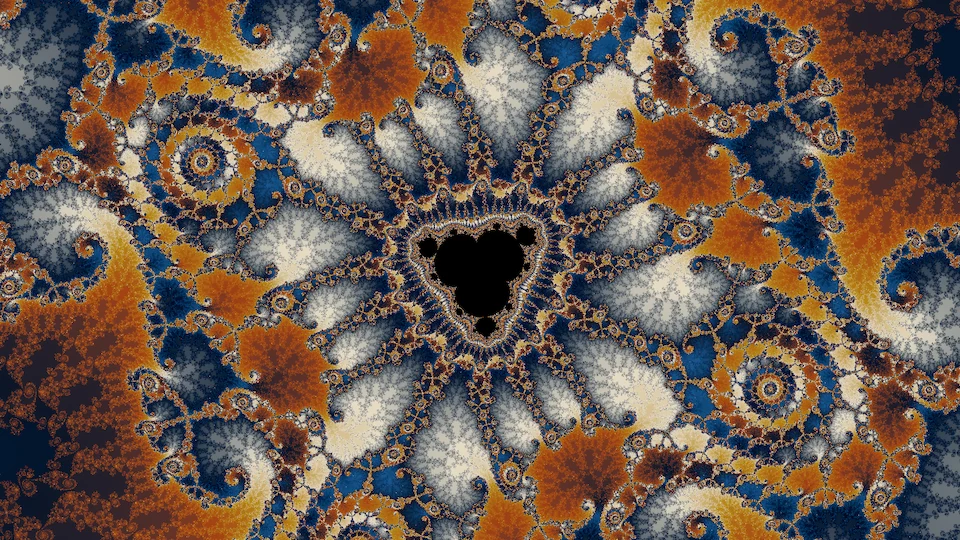 A small black copy of the set ringed by petals of white and gray, inside a frame of copper spirals on dark blue.