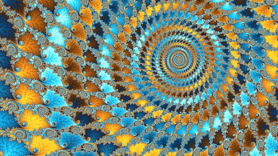 A wide spiral of teal and gold filigree, its arms made of rows of smaller spirals.