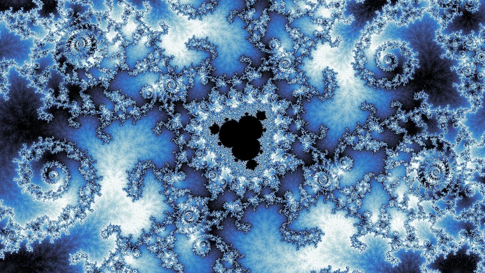 A small black copy of the set among swirls of pale blue and white filigree on dark blue.