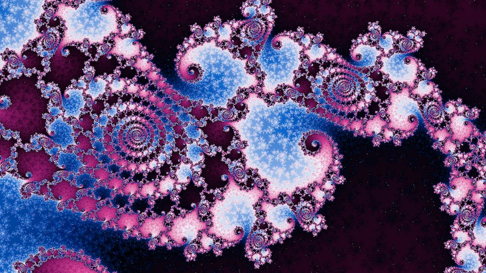 A winding chain of spirals in pink and pale blue across a near-black ground.