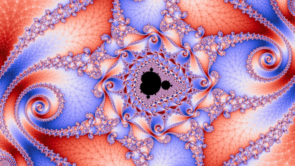 A small black copy of the set at the center of four-fold spiral arms in red, white, and periwinkle.