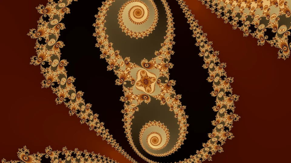A frame at the same center 10⁻¹² wide: two spirals joined in an S by chains of cream and orange filigree over broad smooth fields of dark red and black, the center on a small four-armed knot where the chains meet.