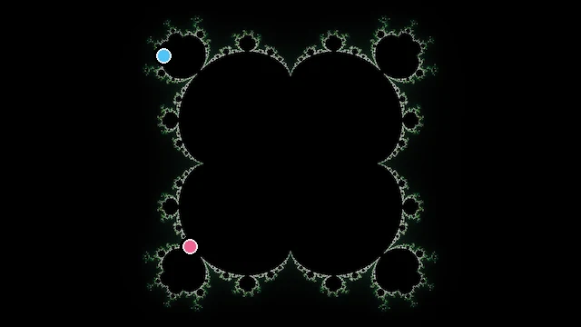 The whole Multibrot, degree 5 set, with two values of c marked on it.