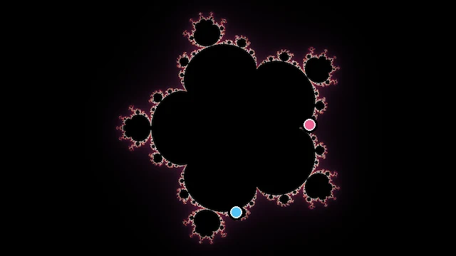 The whole Multibrot, degree 6 set, with two values of c marked on it.