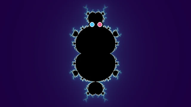The whole Multibrot, degree 3 set, with two values of c marked on it.