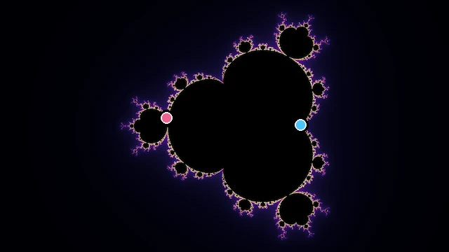 The whole Multibrot, degree 4 set, with two values of c marked on it.