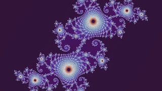 The Julia set for c = -0.07810228973371881 + -0.6514609012382414i, a value on the boundary.