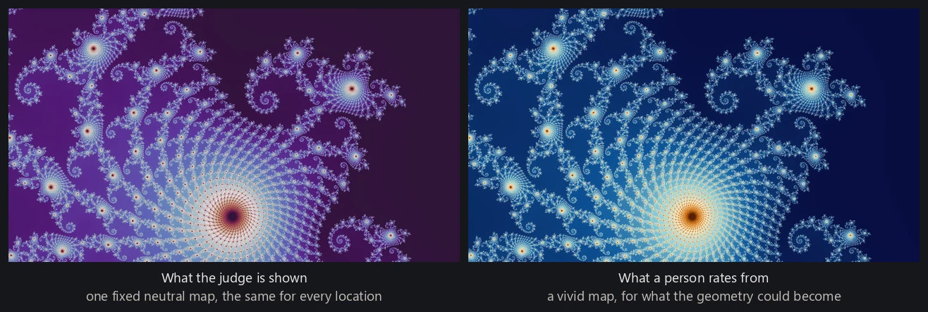 One location drawn twice side by side: the same frame in the neutral palette, and in a vivid one.
