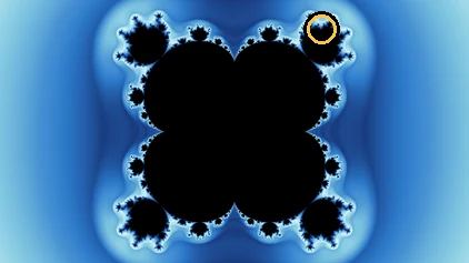 The whole Multibrot d = 5 set in the same coloring as the wallpaper below it, with a small ring marking where that wallpaper's minibrot sits.
