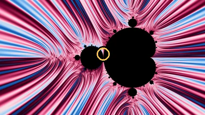 The whole Mandelbrot set in the same coloring as the wallpaper below it, with a small ring marking where that wallpaper's minibrot sits.
