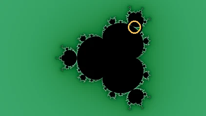 The whole Multibrot d = 4 set in the same coloring as the wallpaper below it, with a small ring marking where that wallpaper's minibrot sits.