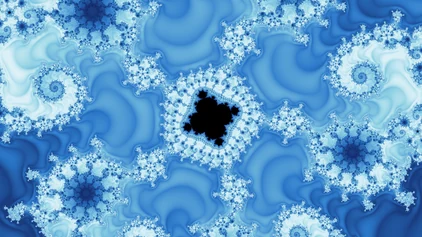 A finished wallpaper in the Multibrot d = 5 family, drawn in triangle-inequality average, with a small dark minibrot at its center and the dense structure of its halo around it.