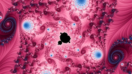 A finished wallpaper in the Mandelbrot family, drawn in stripe average, with a small dark minibrot at its center and the dense structure of its halo around it.