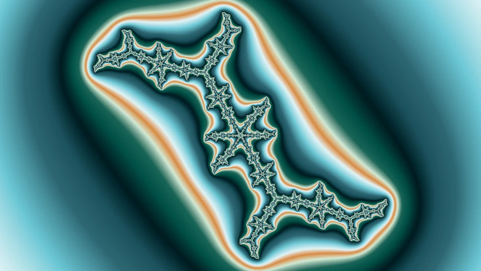 The whole Julia set for c = −0.1011 + 0.9563i: a thin branching curve of pale filigree lying on a diagonal, ringed by bands of cyan, orange, and green.