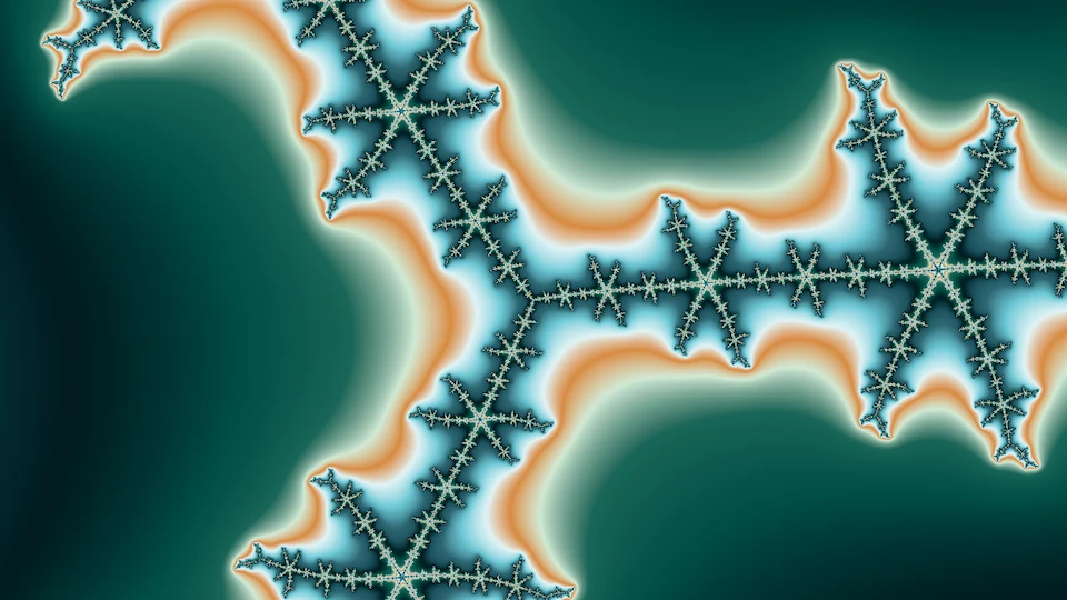 That Julia set zoomed in at c: the same three-armed junction, turned about 22 degrees, its arms studded with six-pointed stars.