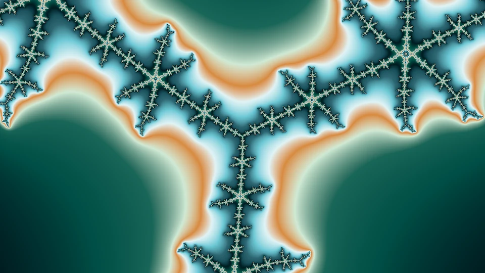 The parameter plane zoomed in at c: three arms of filigree meeting at the center, each studded with six-pointed stars, over dark green.