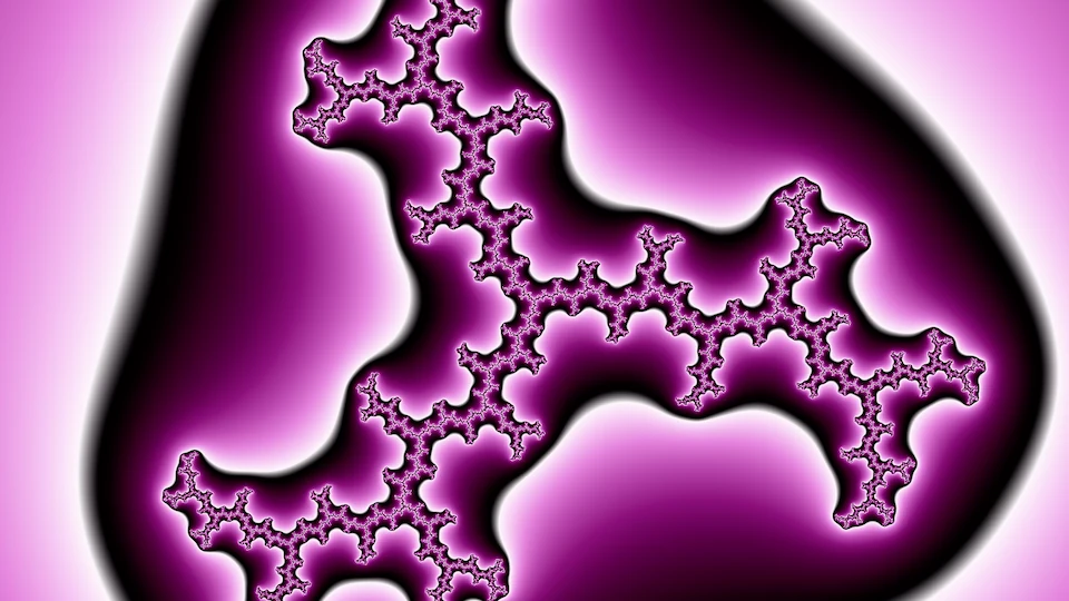 The whole Julia set for c = −0.6352 + 0.6452i, degree 3: a thin branching curve of magenta filigree inside a dark halo on pale pink.