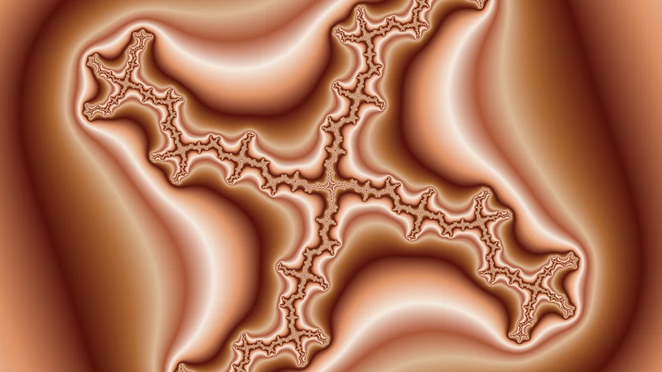The whole Julia set for c = 0.3261 + 1.1187i, degree 4: a thin branching cross of filigree over bands of brown and cream.