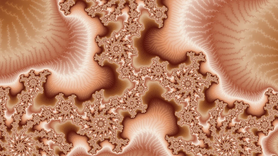 That Julia set zoomed in at c: a dense web of filigree full of small spirals, between smooth fields of cream and brown.