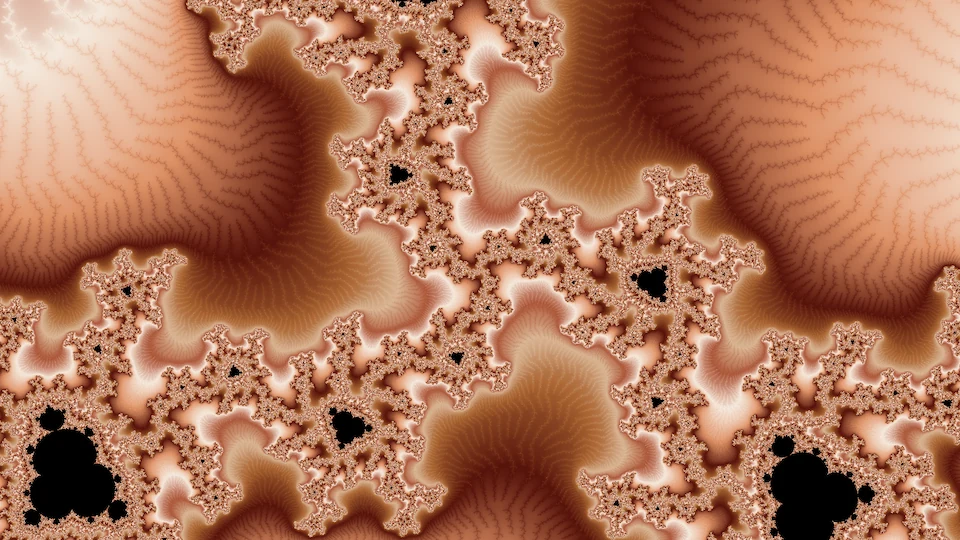 The parameter plane zoomed in at c: the same web, with small black copies of the set scattered through it.