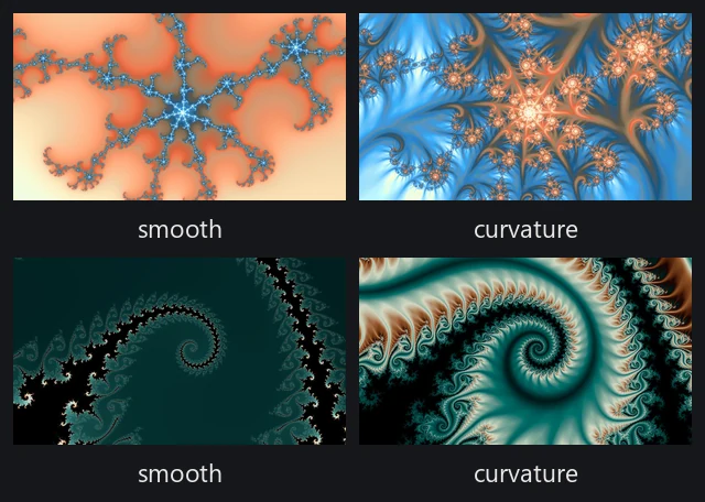Two locations, each drawn twice: a smooth render beside a curvature render of the same recipe.