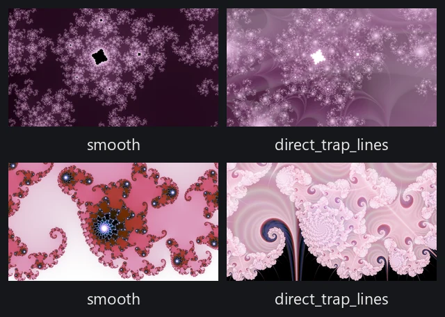 Two locations, each drawn twice: a smooth render beside a direct_trap_lines render of the same recipe.