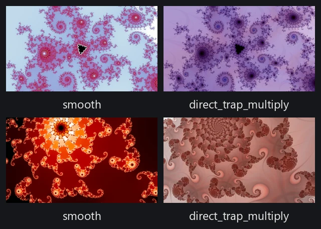 Two locations, each drawn twice: a smooth render beside a direct_trap_multiply render of the same recipe.