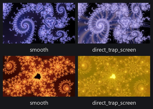 Two locations, each drawn twice: a smooth render beside a direct_trap_screen render of the same recipe.