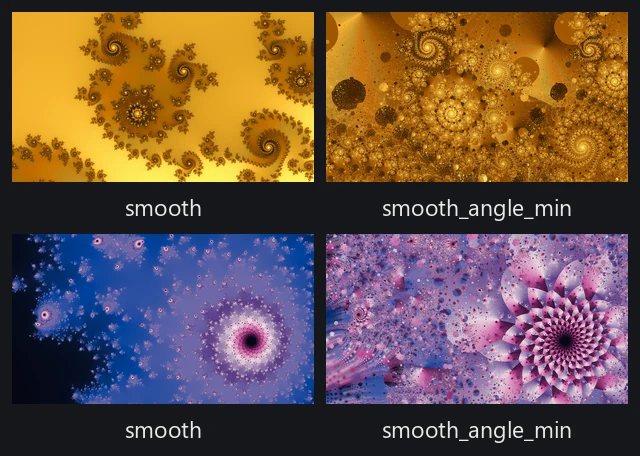 Two locations, each drawn twice: a smooth render beside a smooth_angle_min render of the same recipe.
