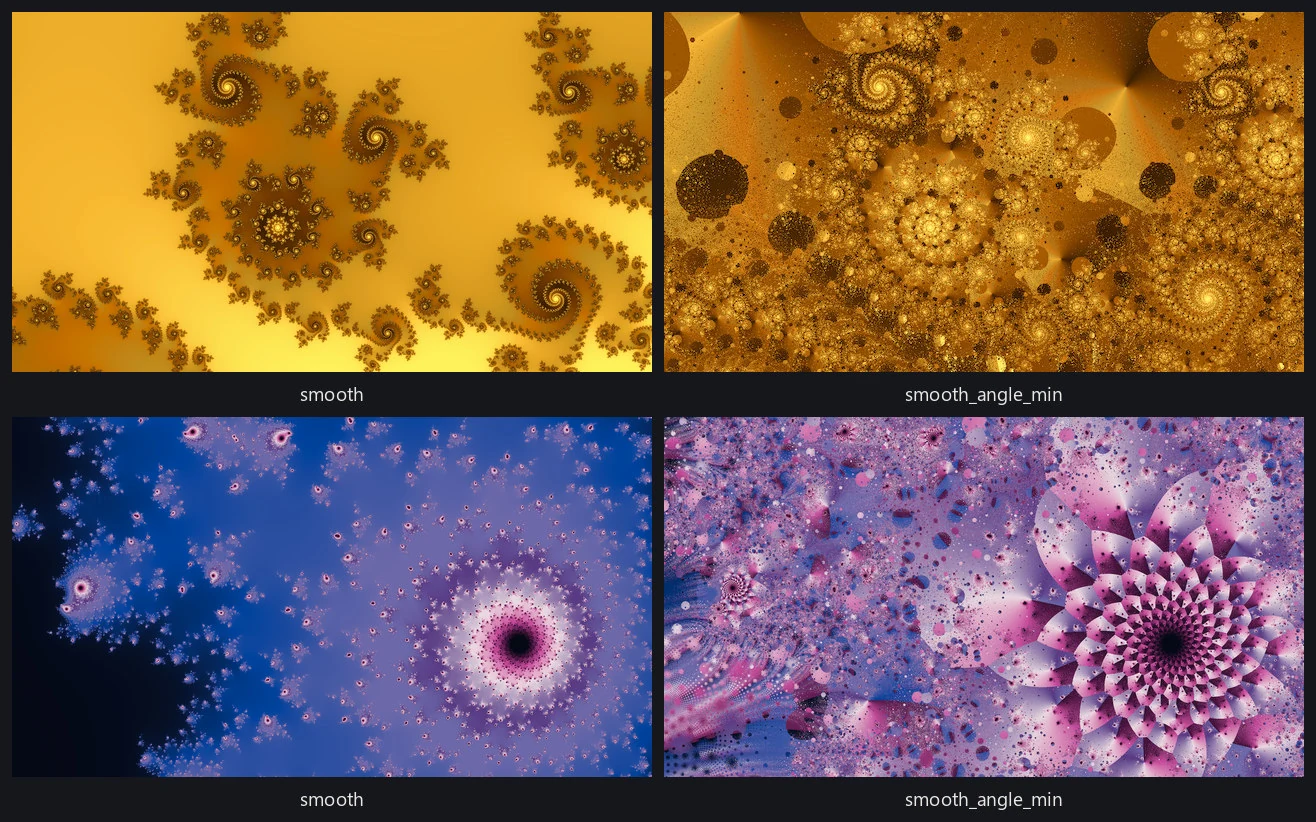 Two locations, each drawn twice: a smooth render beside a smooth_angle_min render of the same recipe.