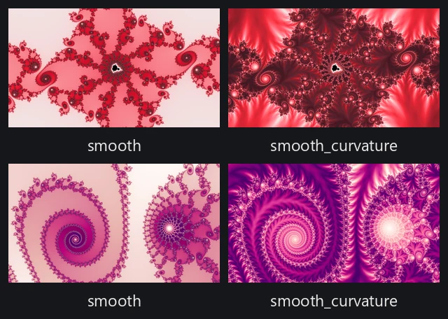 Two locations, each drawn twice: a smooth render beside a smooth_curvature render of the same recipe.