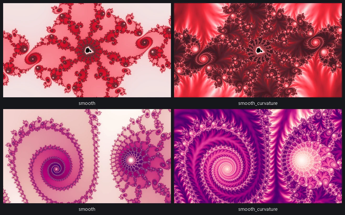 Two locations, each drawn twice: a smooth render beside a smooth_curvature render of the same recipe.