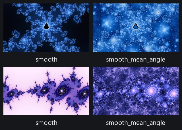 Two locations, each drawn twice: a smooth render beside a smooth_mean_angle render of the same recipe.