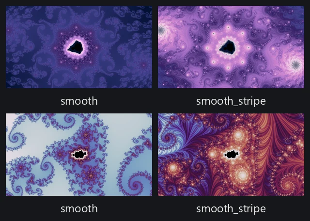 Two locations, each drawn twice: a smooth render beside a smooth_stripe render of the same recipe.