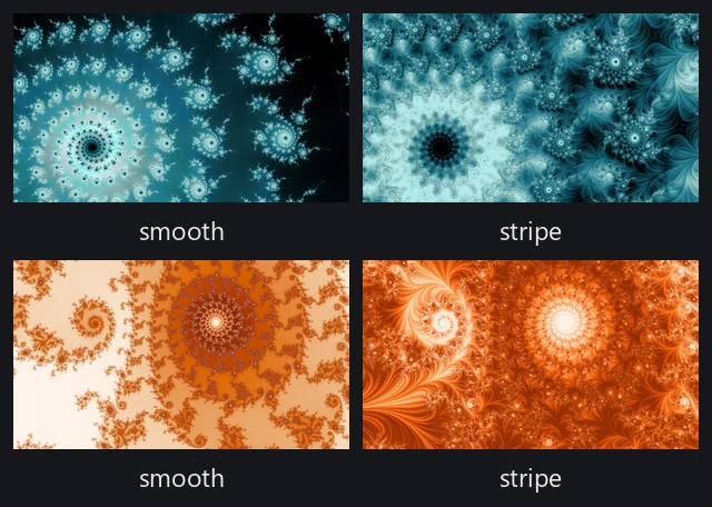 Two locations, each drawn twice: a smooth render beside a stripe render of the same recipe.