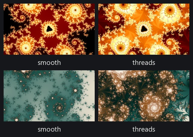 Two locations, each drawn twice: a smooth render beside a threads render of the same recipe.