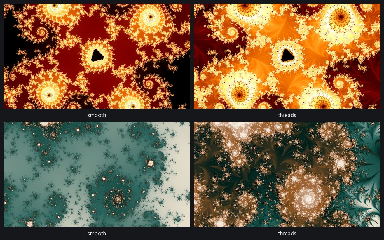 Two locations, each drawn twice: a smooth render beside a threads render of the same recipe.