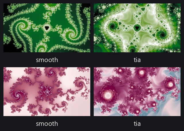 Two locations, each drawn twice: a smooth render beside a tia render of the same recipe.