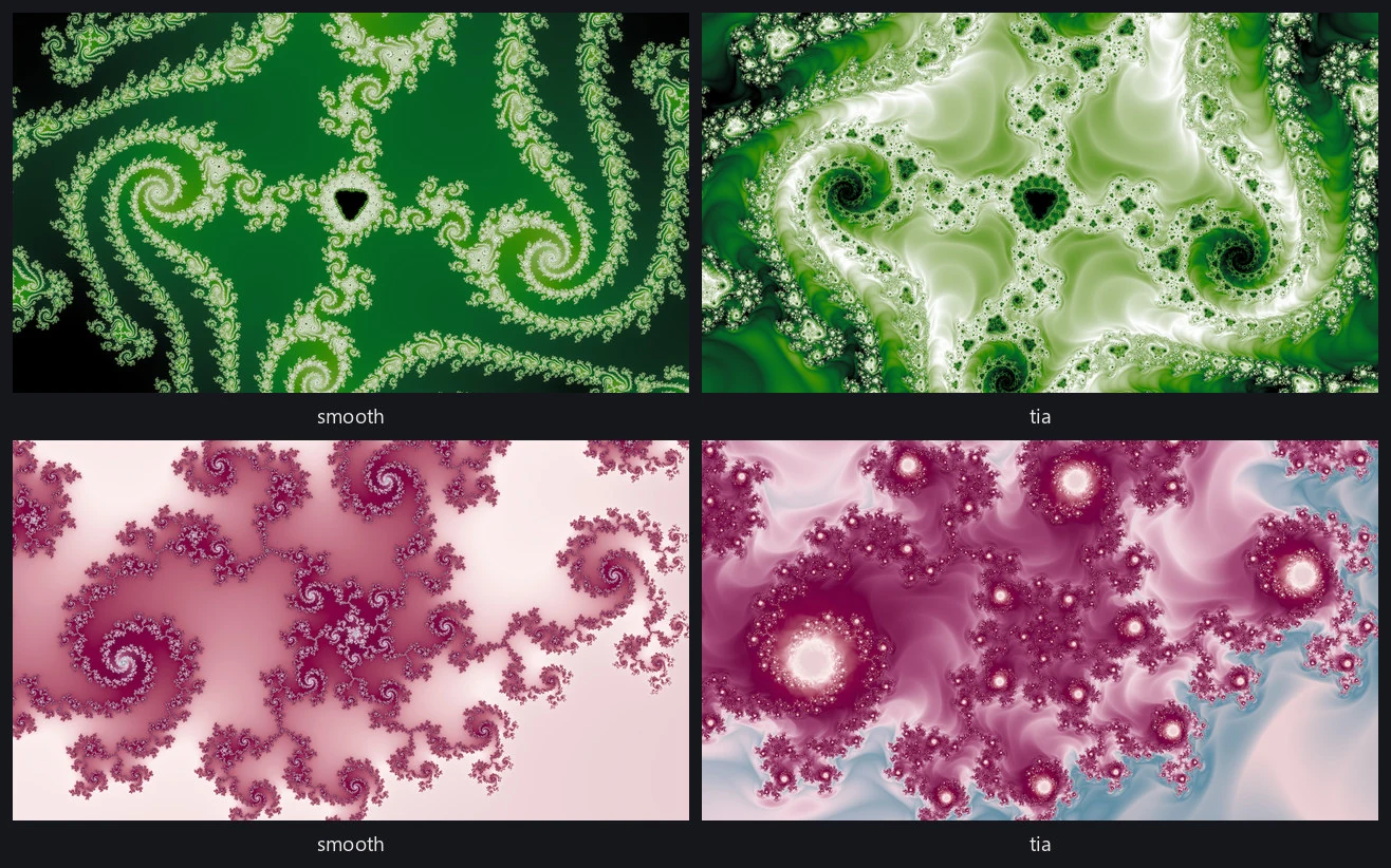 Two locations, each drawn twice: a smooth render beside a tia render of the same recipe.
