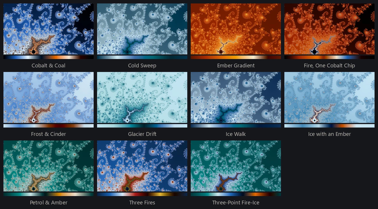 One Mandelbrot location drawn eleven times, once under each fire-ice palette, with a strip of the palette under every tile.